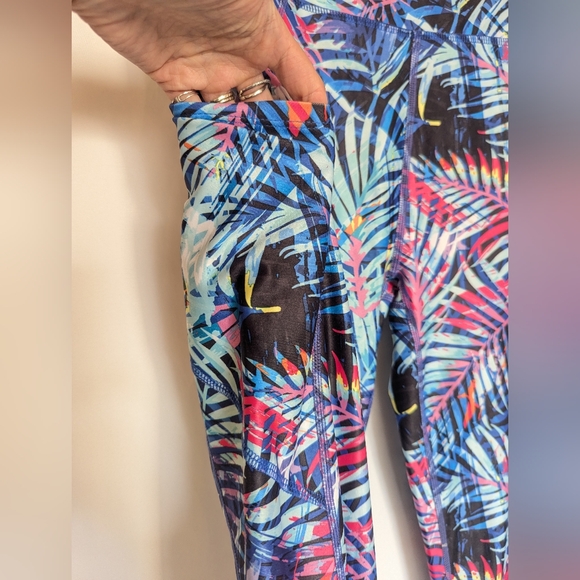 Nine West Medium Blue Pink Tropical Print Leggings Pockets - Picture 3 of 8